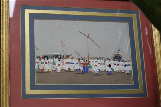 A set of six 19th century Indian mica paintings depicting rituals and processions 13 x 20cm.